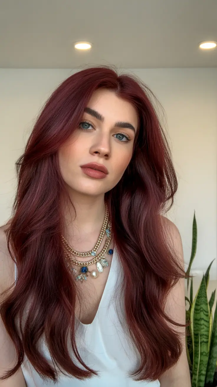 spring long haircut 2026 Deep Auburn Length with Sleek Butterfly Layers