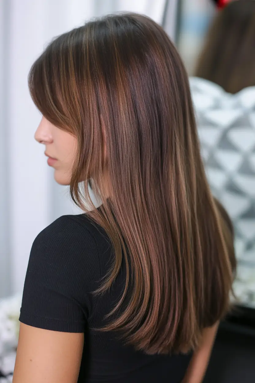 spring long haircut 2026 Sleek Chocolate Layers with Subtle Dimension