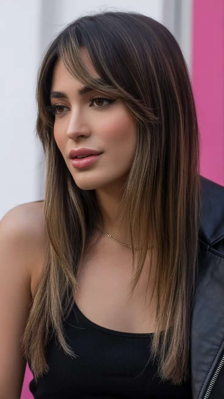 spring long haircut 2026 Mid-Length Layers with Wispy Curtain Bangs