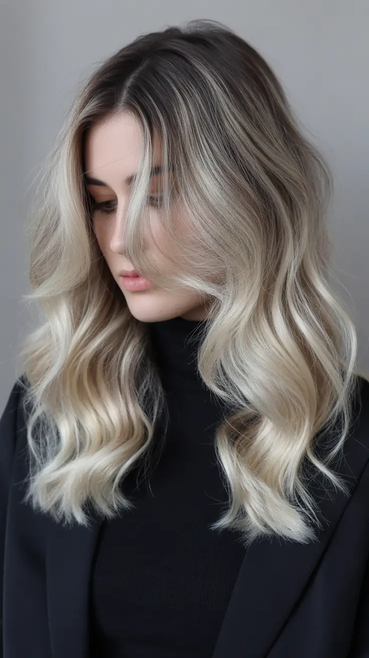 spring long haircut 2026 Smoky Blonde Waves with Soft Root Melt