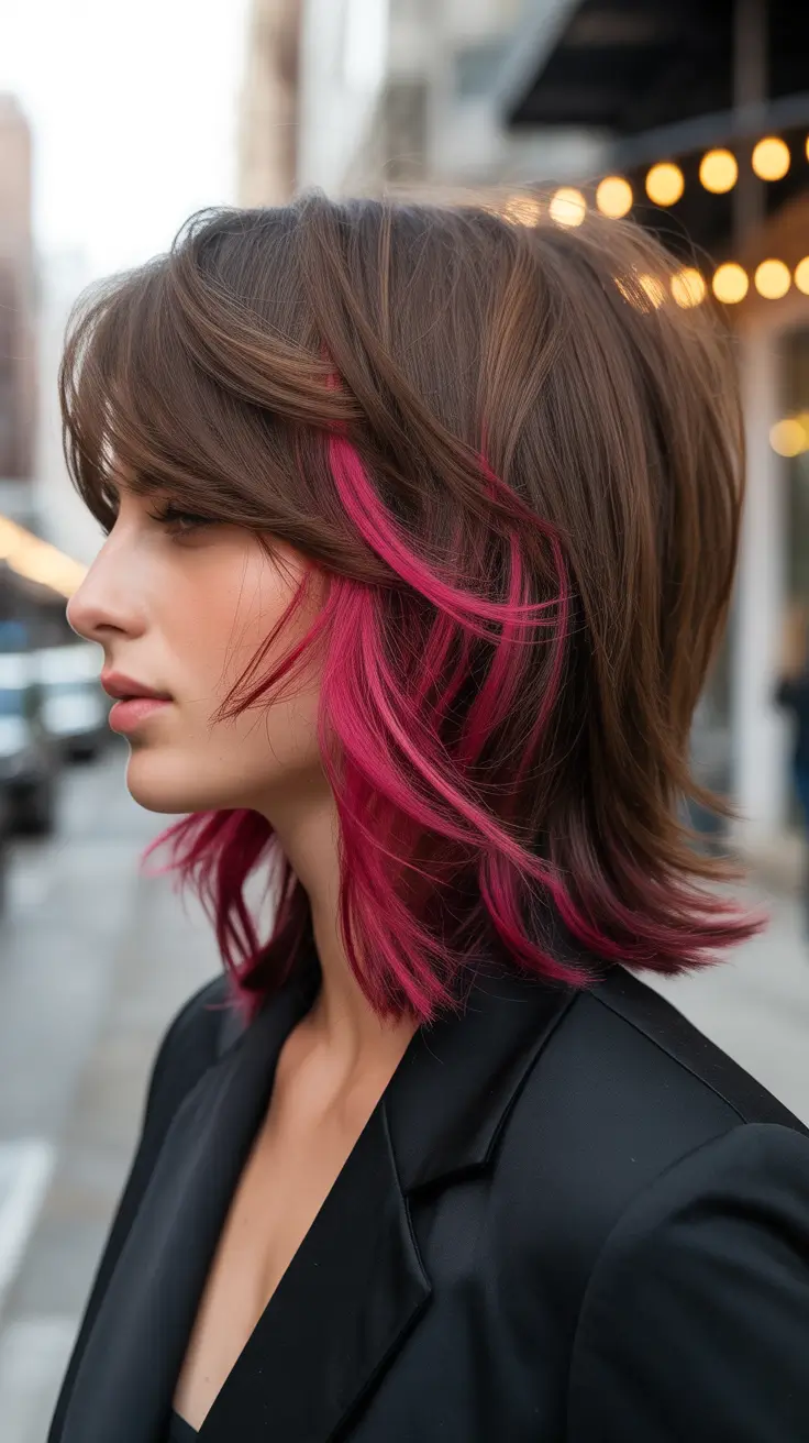 spring brunette hair color 2026 Soft Brunette Layers with a Bold Red Accent