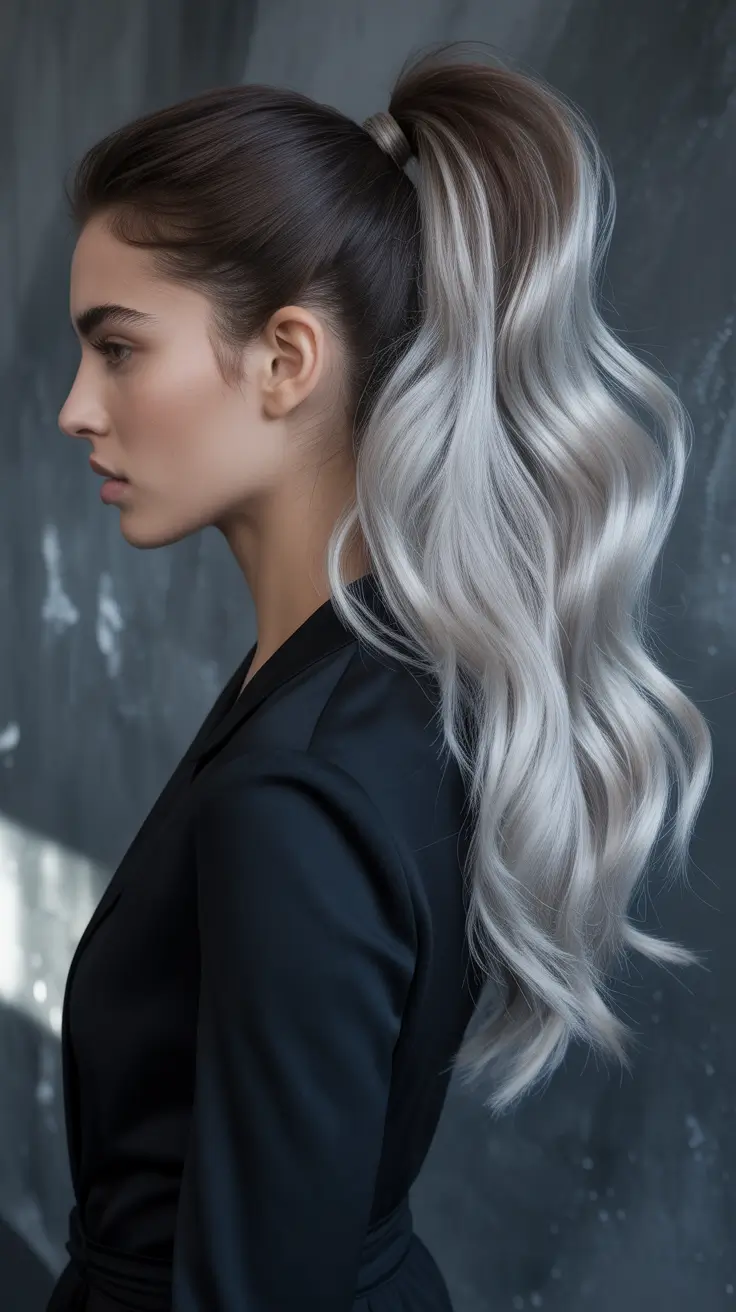 spring brunette hair color 2026 Sleek Brunette Ponytail with Silver Contrast