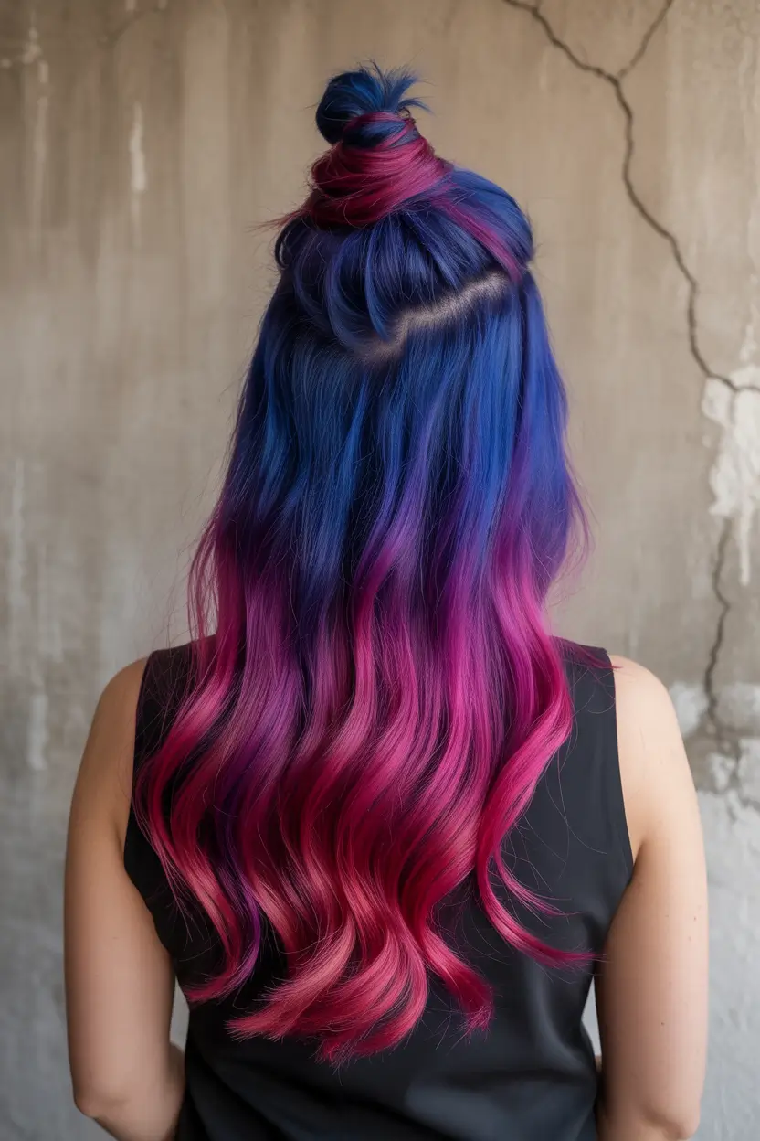 spring brunette hair color 2026 Creative Brunette with Blue and Magenta Layers