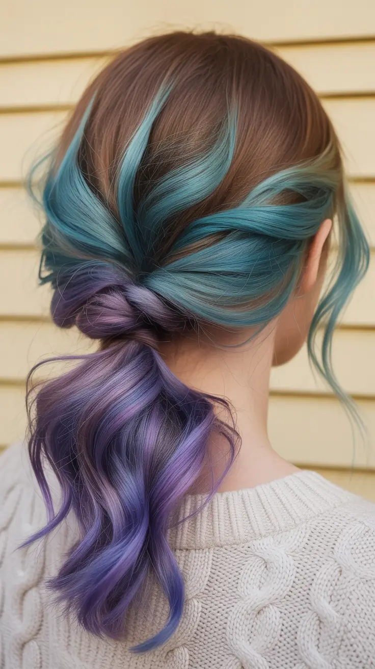 spring brunette hair color 2026 Brunette Updo with Teal and Lavender Accents