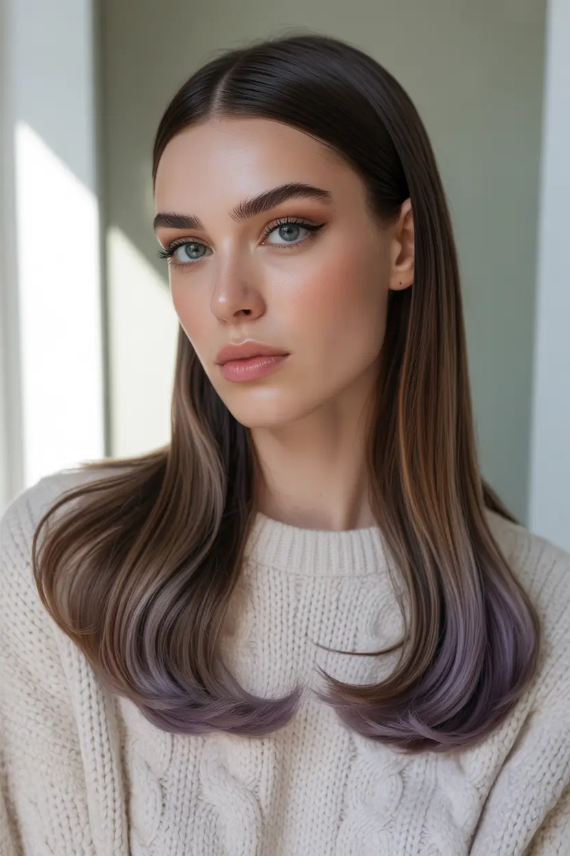 spring brunette hair color 2026 Cool Brunette with Subtle Lavender Ends