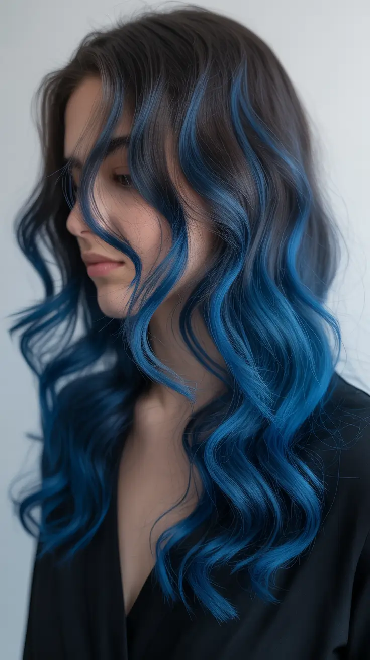 spring brunette hair color 2026 Deep Brunette Waves With Cool Blue Dimension