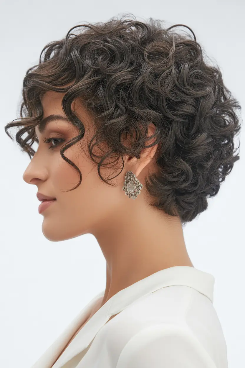 spring brunette hair color 2026 Classic Curly Brunette Crop With Cool Depth