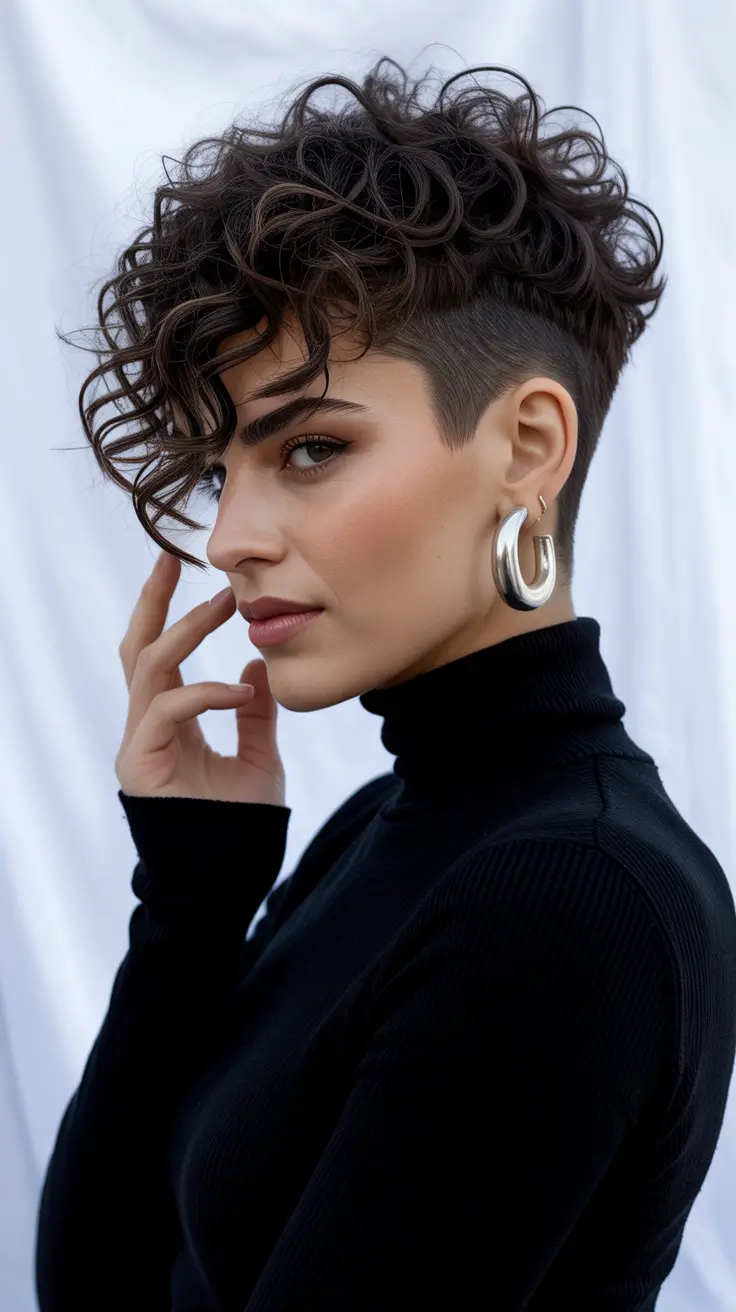 spring brunette hair color 2026 Edgy Brunette Undercut With Structured Curls