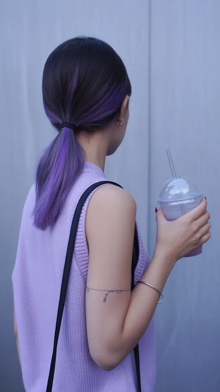 spring brunette hair color 2026 Minimalist Brunette Ponytail with Violet Dimension