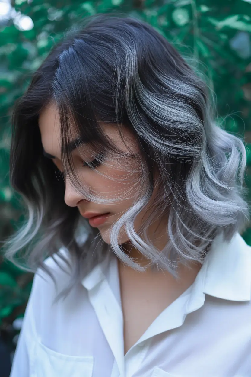 spring brunette hair color 2026 Smoky Brunette Waves with Silver Highlights