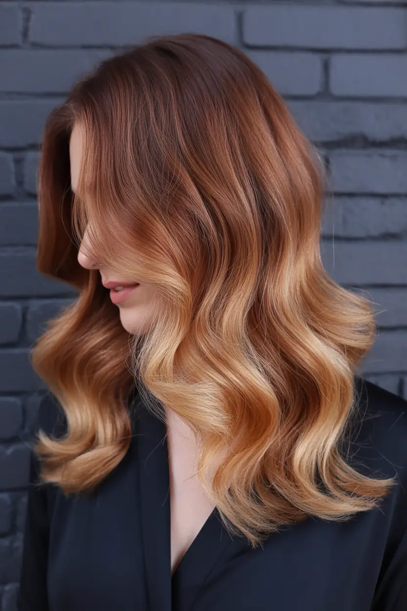 spring brunette hair color 2026 Soft Copper Brunette with Flowing Waves