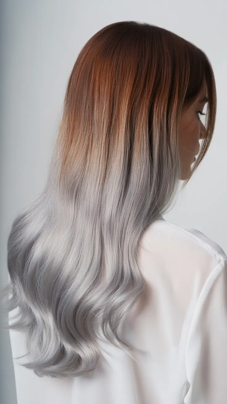 spring brunette hair color 2026 Cool Brunette Fade with Smoky Silver Ends