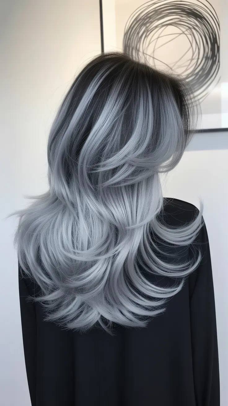 spring brunette hair color 2026 Layered Silver Brunette with Voluminous Shape