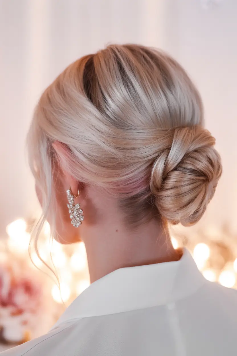 spring blonde hair color 2026 Soft Blonde Low Bun with Polished Finish