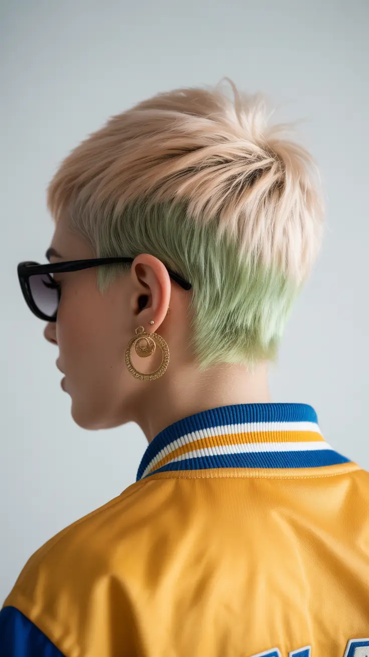 spring blonde hair color 2026 Soft Blonde Pixie with Muted Green Undertones