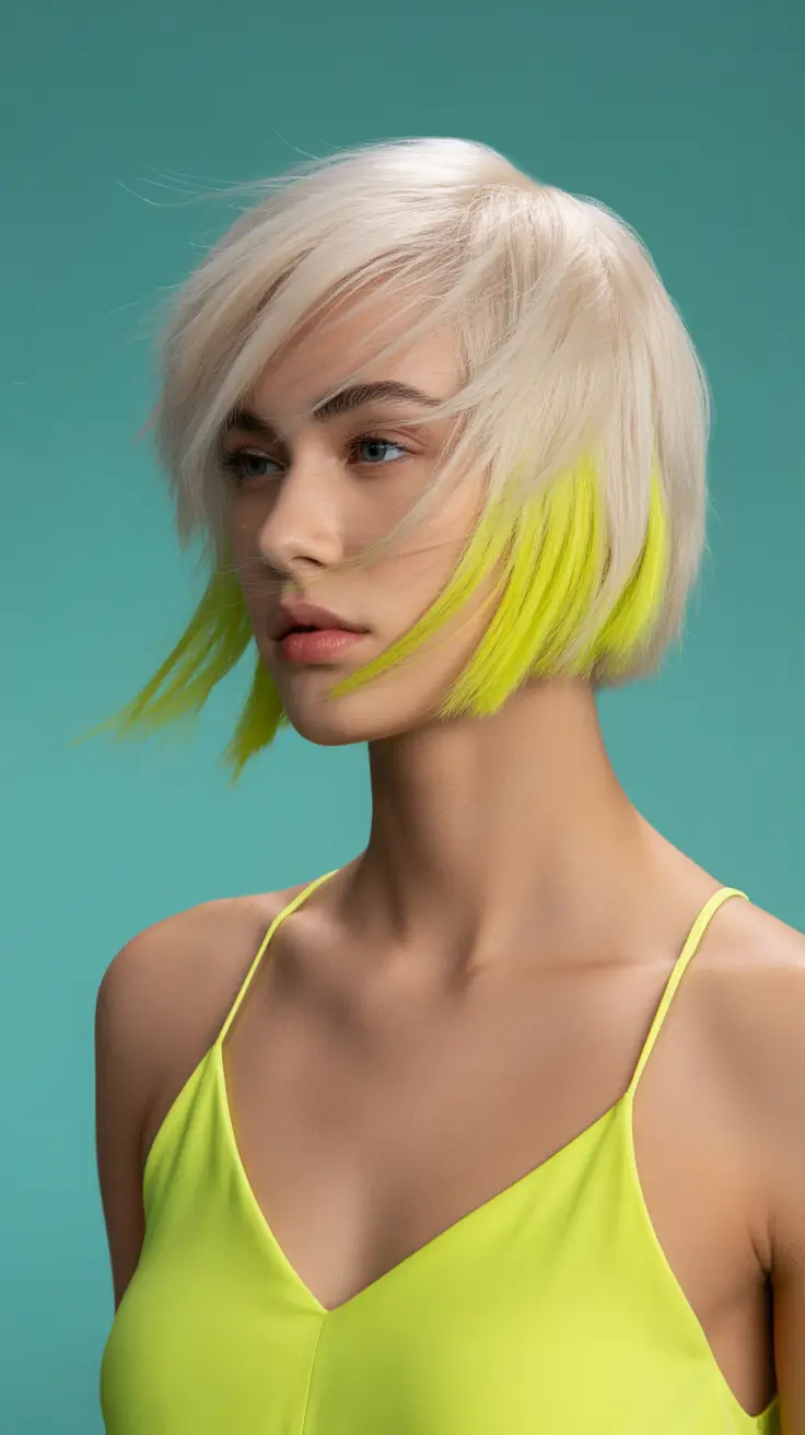 spring blonde hair color 2026 Platinum Blonde Bob with Neon Highlights