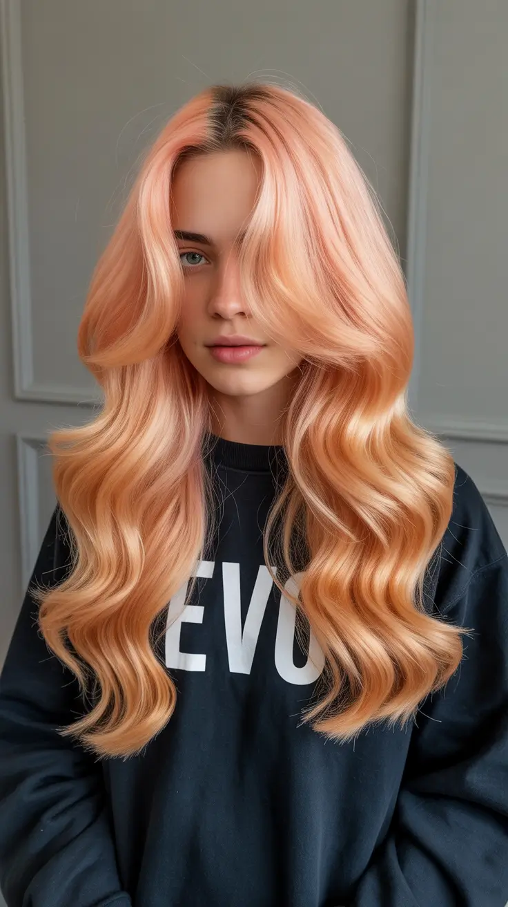 spring blonde hair color 2026 Soft Peach Blonde with Long Spring Waves