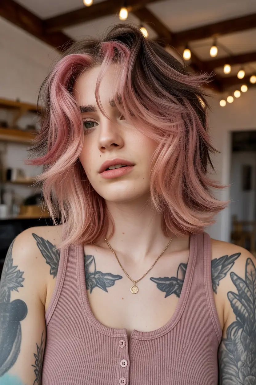 spring blonde hair color 2026 Textured Pink Blonde with Dark Roots