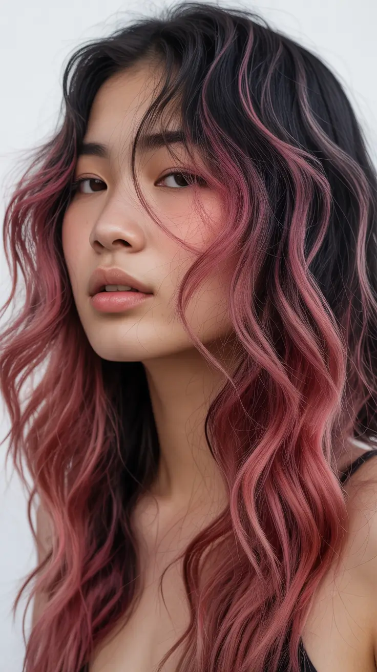 spring hair color trends 2026 Black Hair with Rose Tones