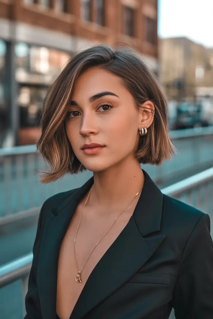 spring hair color trends 2026 Polished Brunette Medium Length with Urban Edge