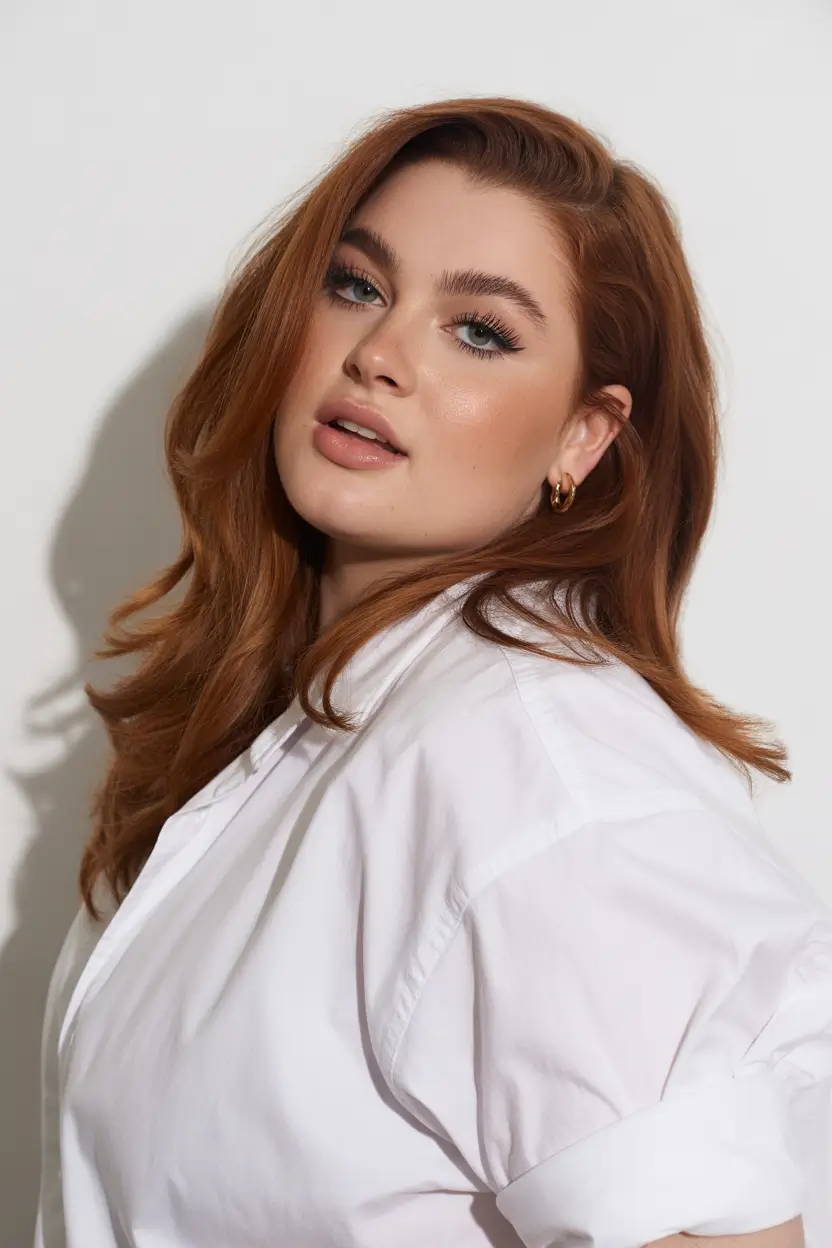 Spring Haircuts for Chubby Faces 2026 Glossy Copper Shoulder Cut with Side Volume