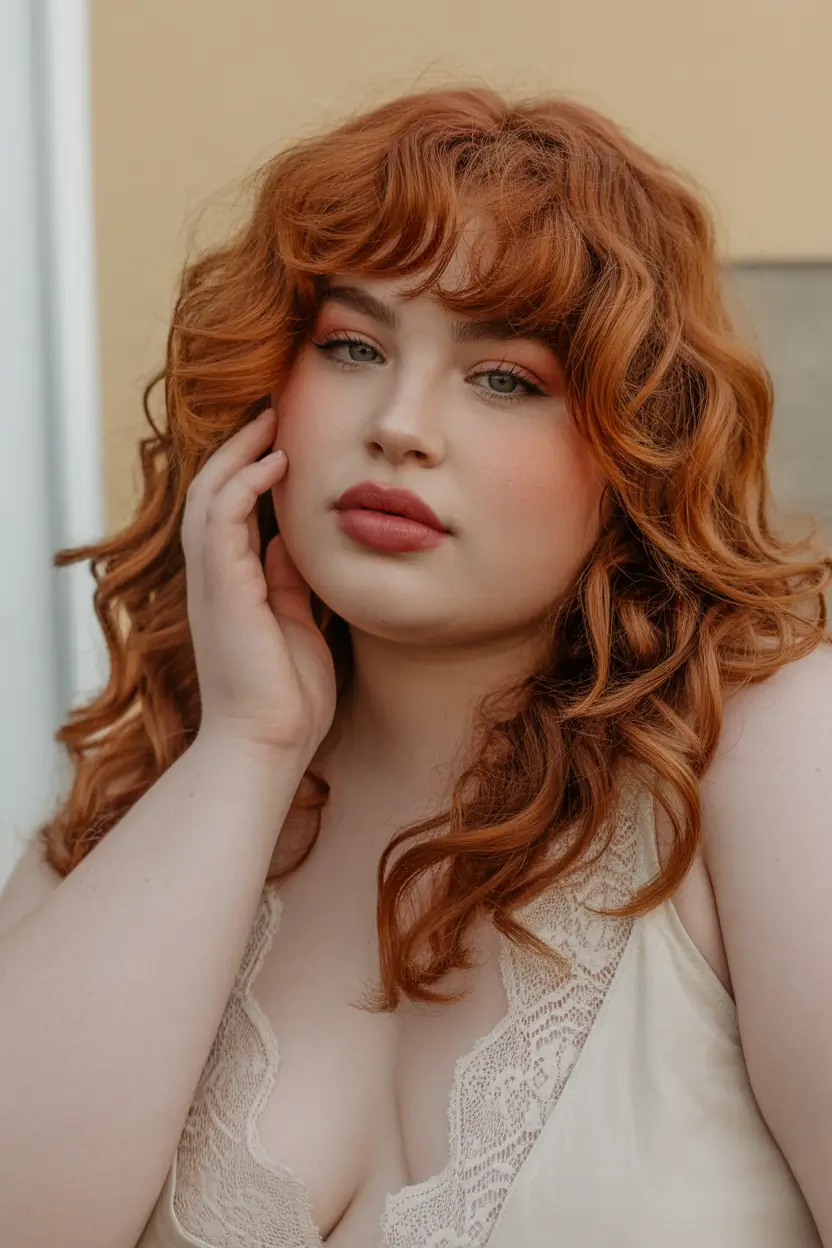 Spring Haircuts for Chubby Faces 2026 Shaggy Copper with Wispy Fringe