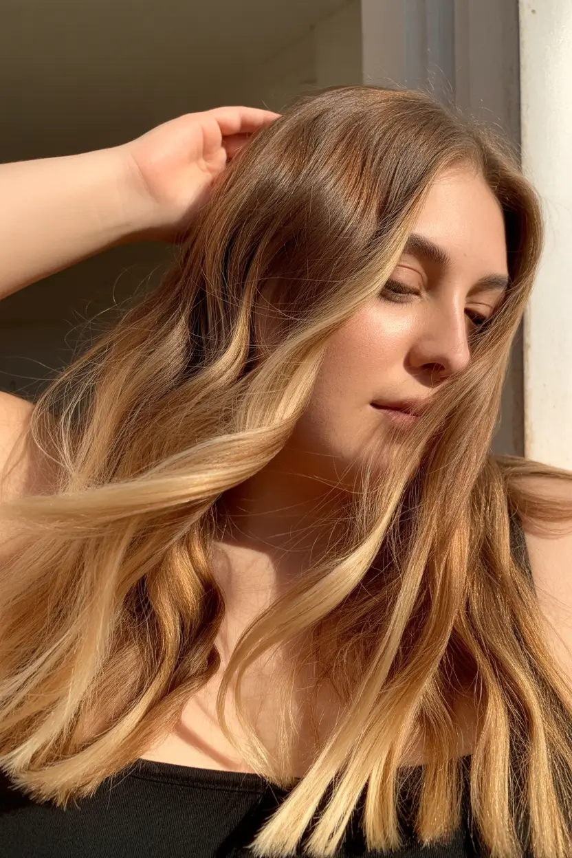 Spring Haircuts for Chubby Faces 2026 Soft Brunette with Blonde Ribbons and Flowing Layers