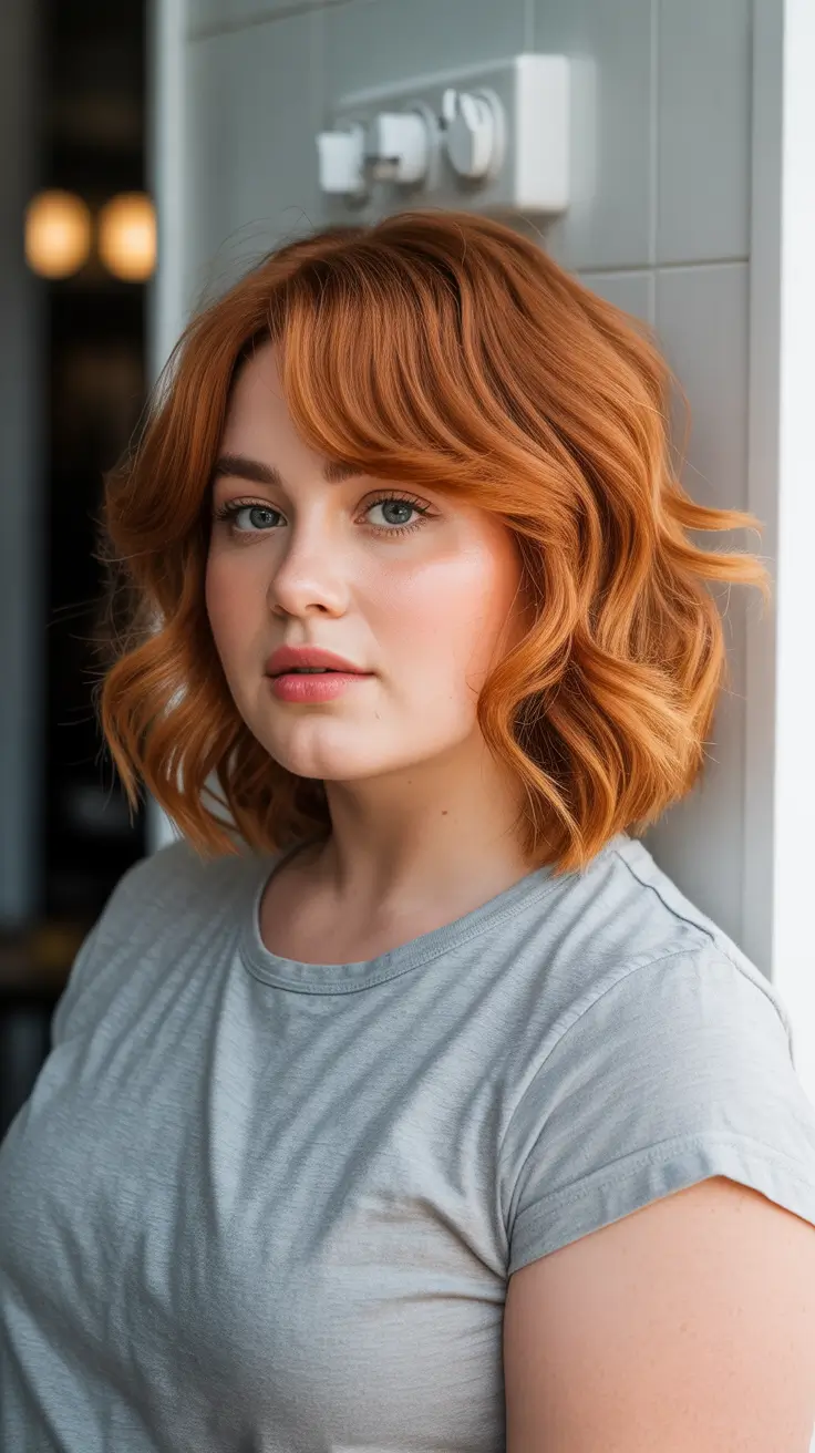 Spring Haircuts for Chubby Faces 2026 Soft Copper Short Bob with Wispy Bangs