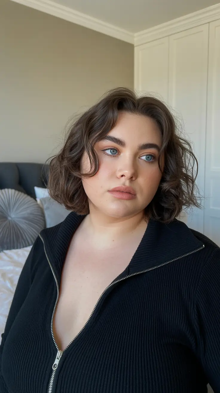 Spring Haircuts for Chubby Faces 2026 Layered Brunette Wavy Lob with Natural Volume