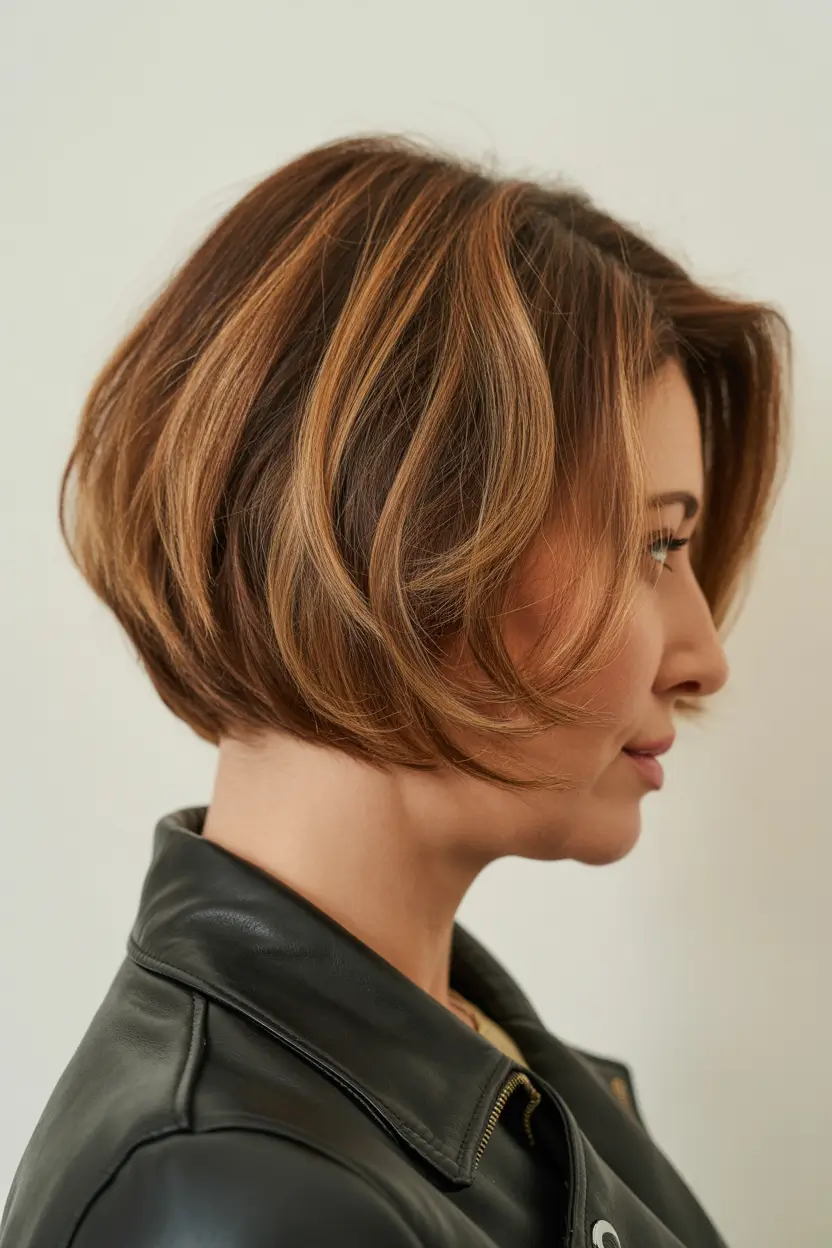 spring Haircuts for Women Over 50 2026 Stacked Wedge Bob with Warm Caramel Dimension