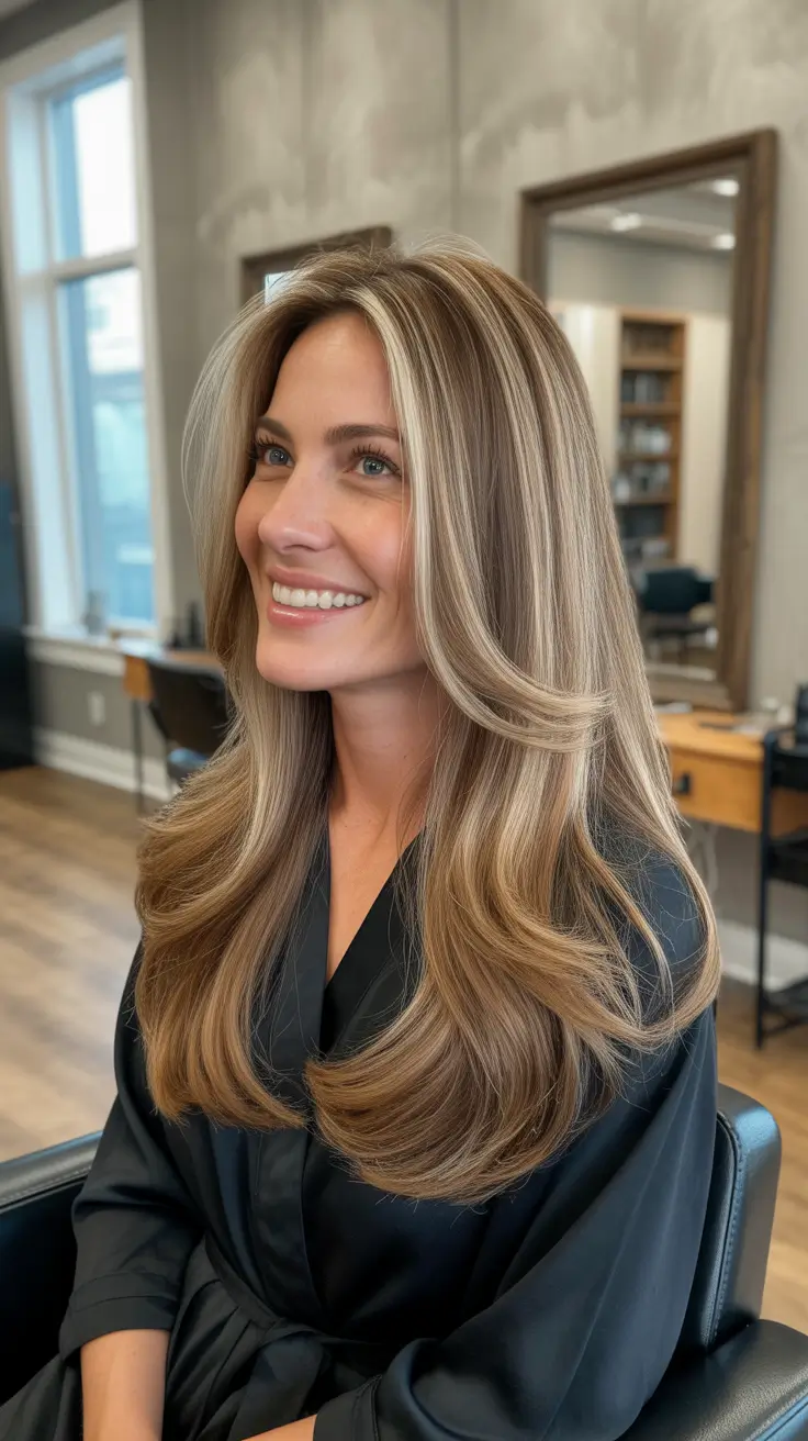 spring Haircuts for Women Over 50 2026 Long Layered Blowout with Glossy Face Framing