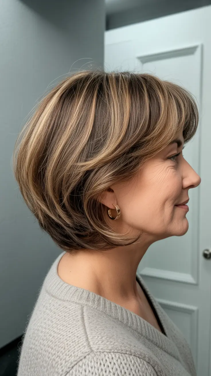 spring Haircuts for Women Over 50 2026 Layered Short Bob with Side Swept Volume