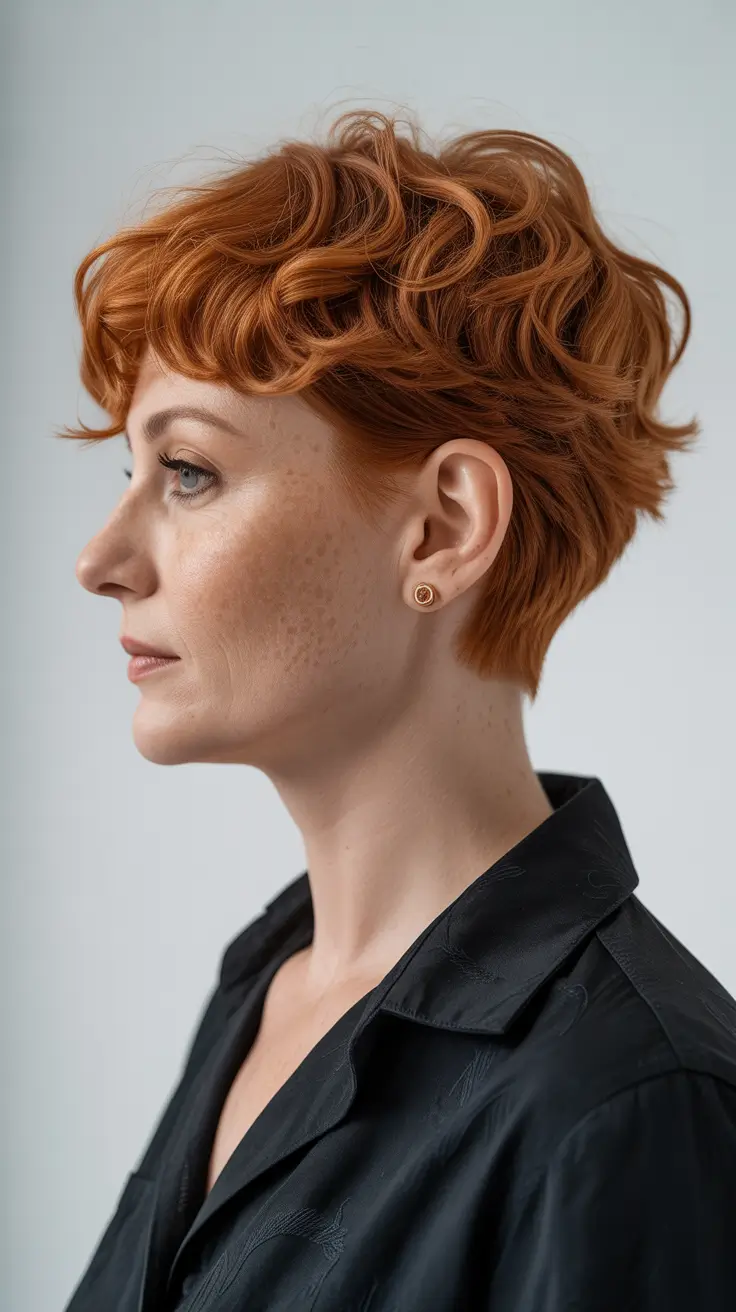 spring Haircuts for Women Over 50 2026 Textured Copper Pixie With Edgy Layers