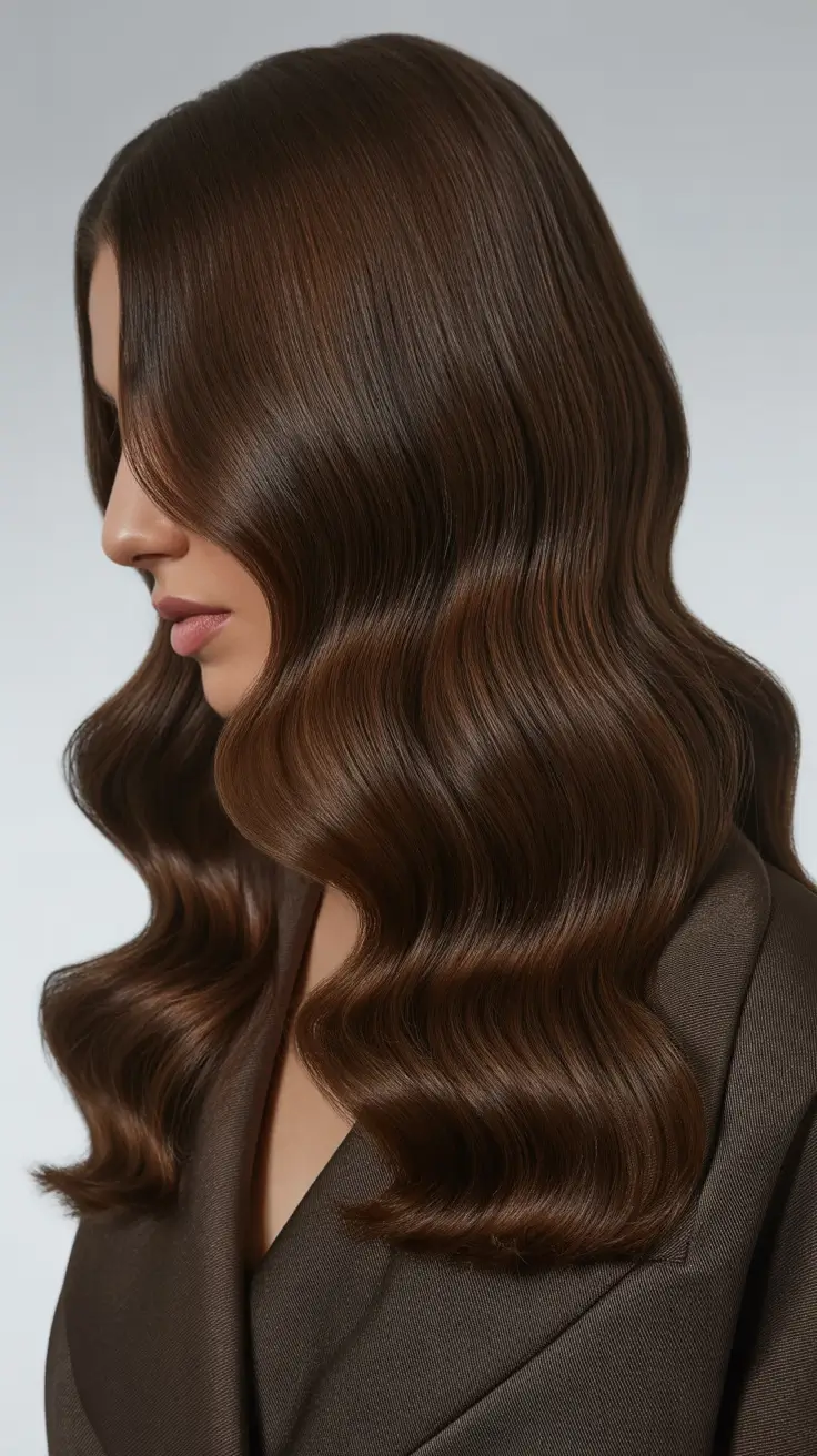 spring brown hair color 2026 Glossy Rich Dark Mocha Waves