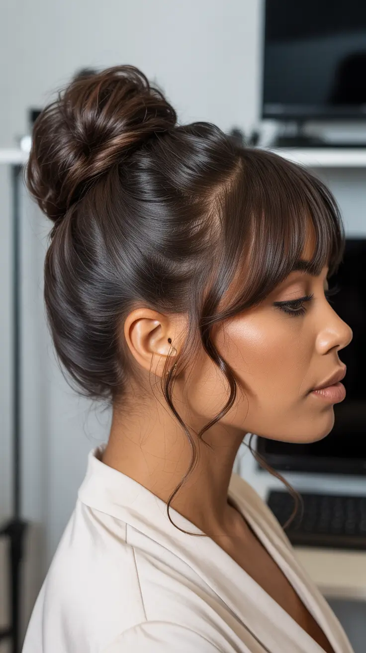 spring brown hair color 2026 Espresso Cinnamon Updo With Soft Fringe