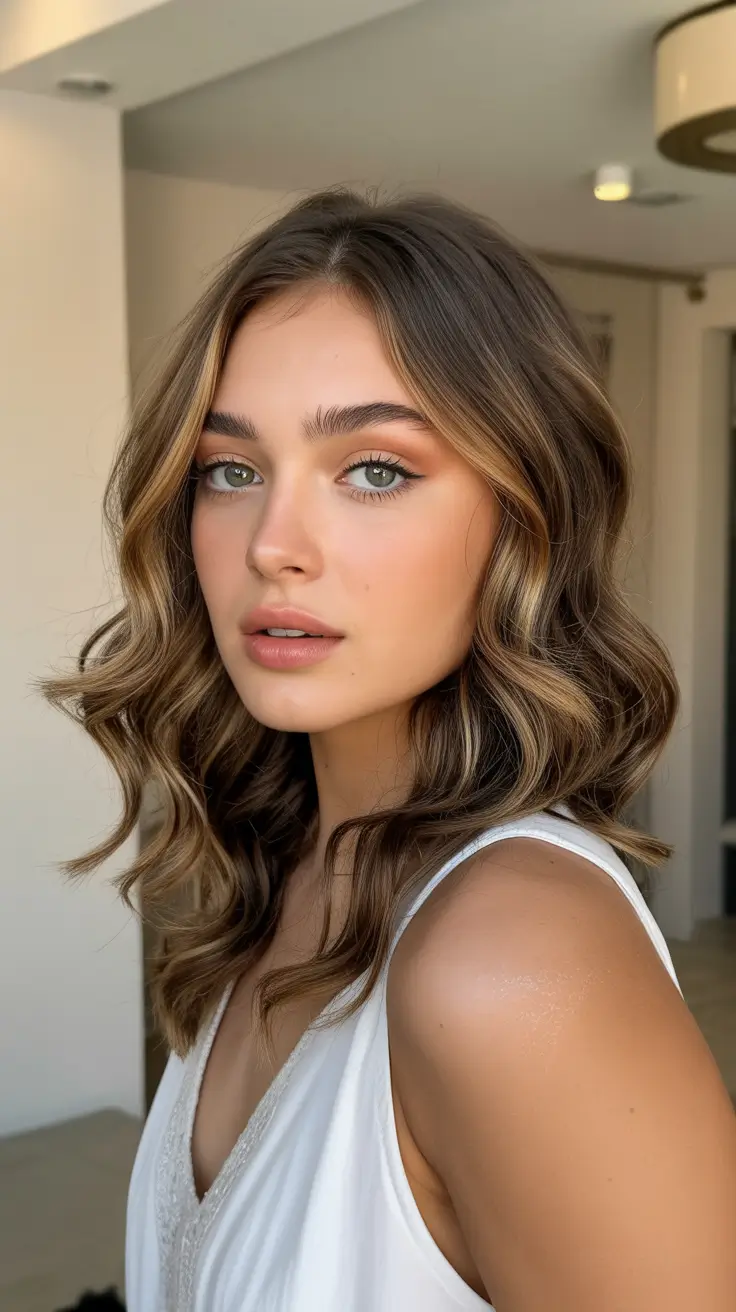 spring brown hair color 2026 Soft Chocolate Waves With Caramel Ribbons