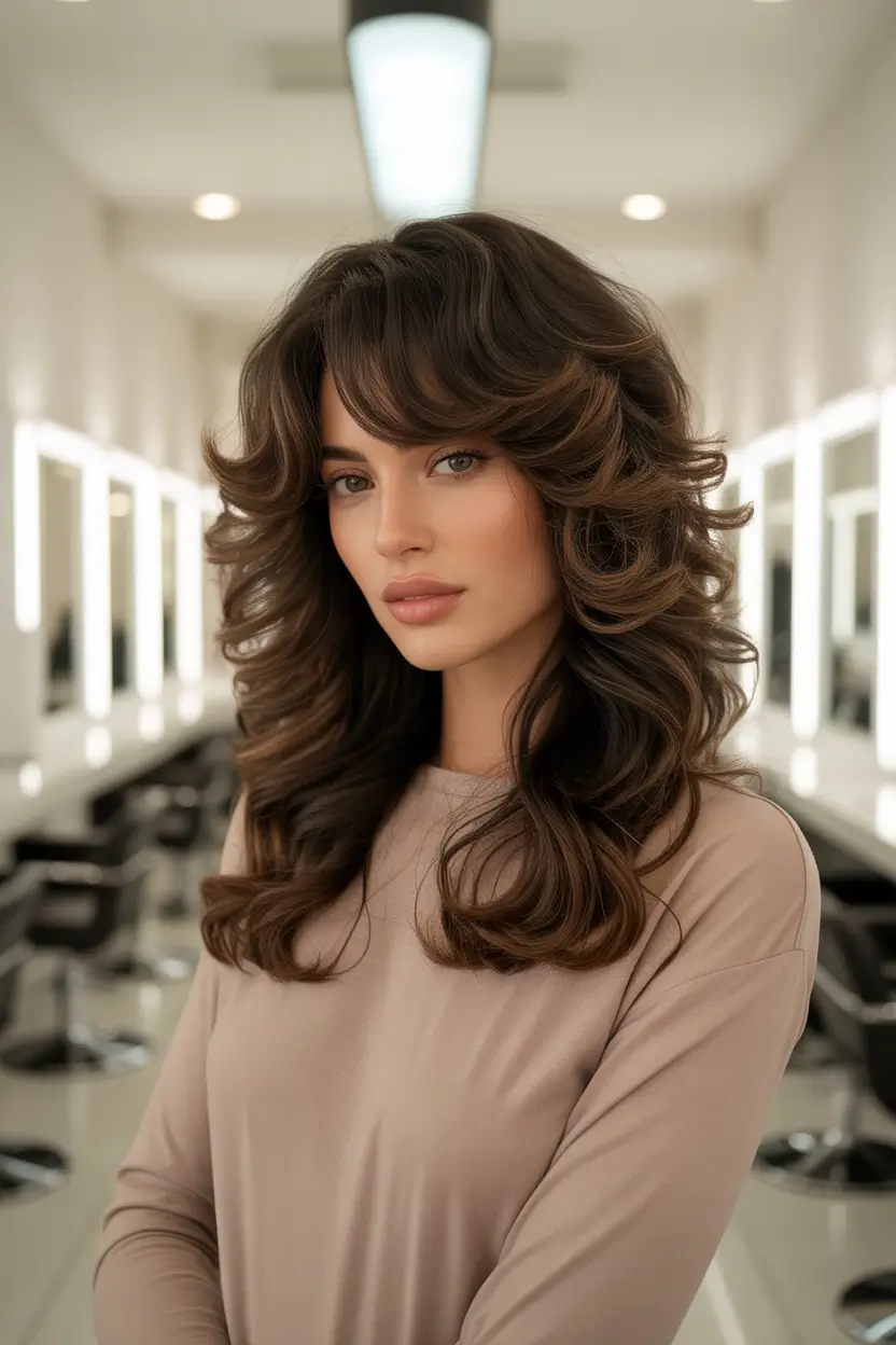 spring brown hair color 2026 Voluminous Chocolate Layers With Golden Dimension