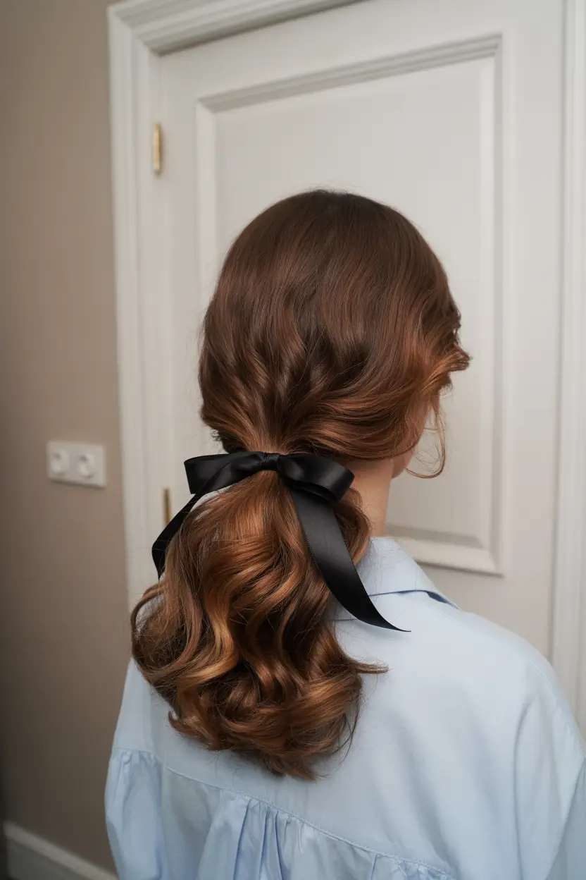 spring brown hair color 2026 Romantic Caramel Ponytail With Soft Spring Movement