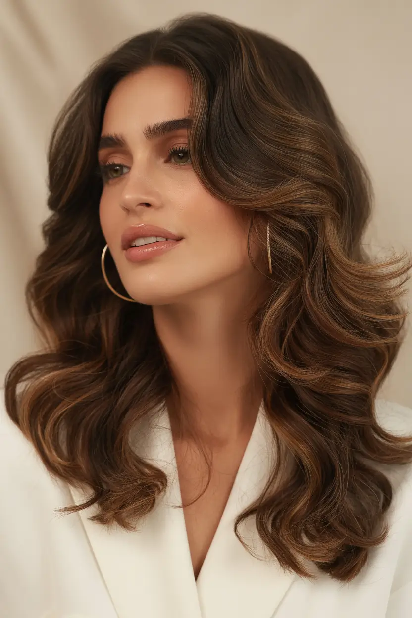 spring brown hair color 2026 Chocolate Blowout With Honey Tea Dimension