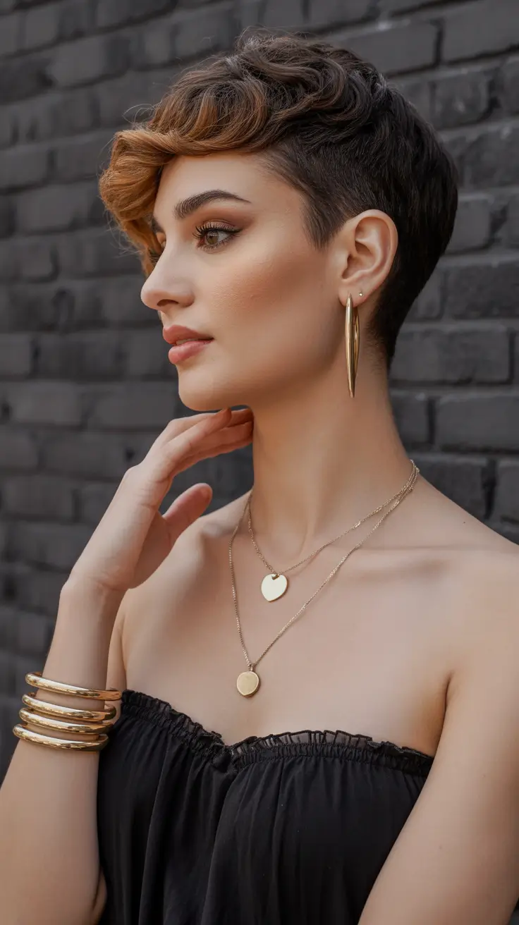 spring brown hair color 2026 Short Espresso Pixie With Cinnamon Accent