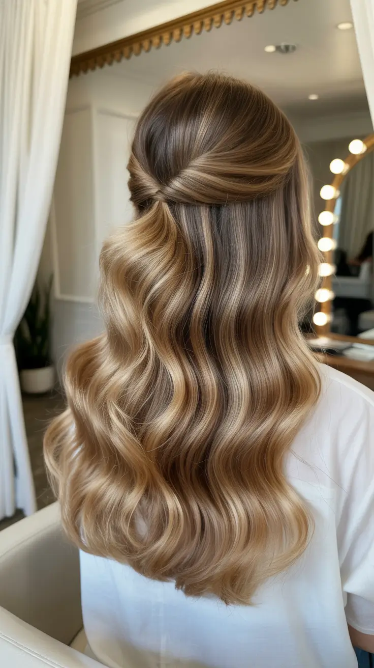 spring Haircuts for Women Over 40 2026 Half Up Long Waves with Elegant Texture