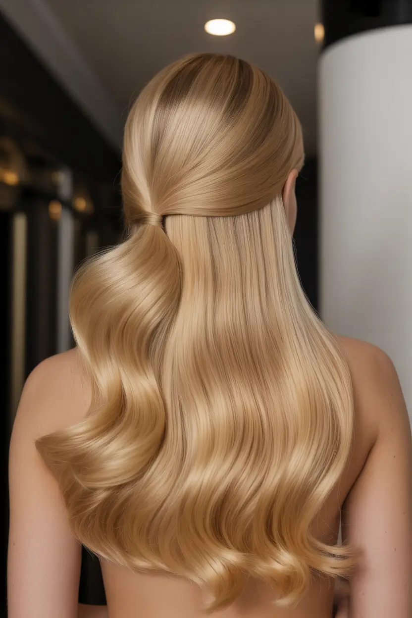 spring Haircuts for Women Over 40 2026 Sleek Golden Blonde With Low Ponytail Elegance