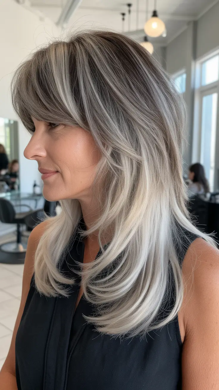 spring Haircuts for Women Over 40 2026 Layered Silver Blonde Shag With Airy Bangs