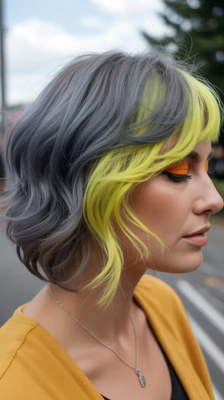 spring Haircuts for Women Over 40 2026 Smoky Gray Lob with Neon Accent Layers