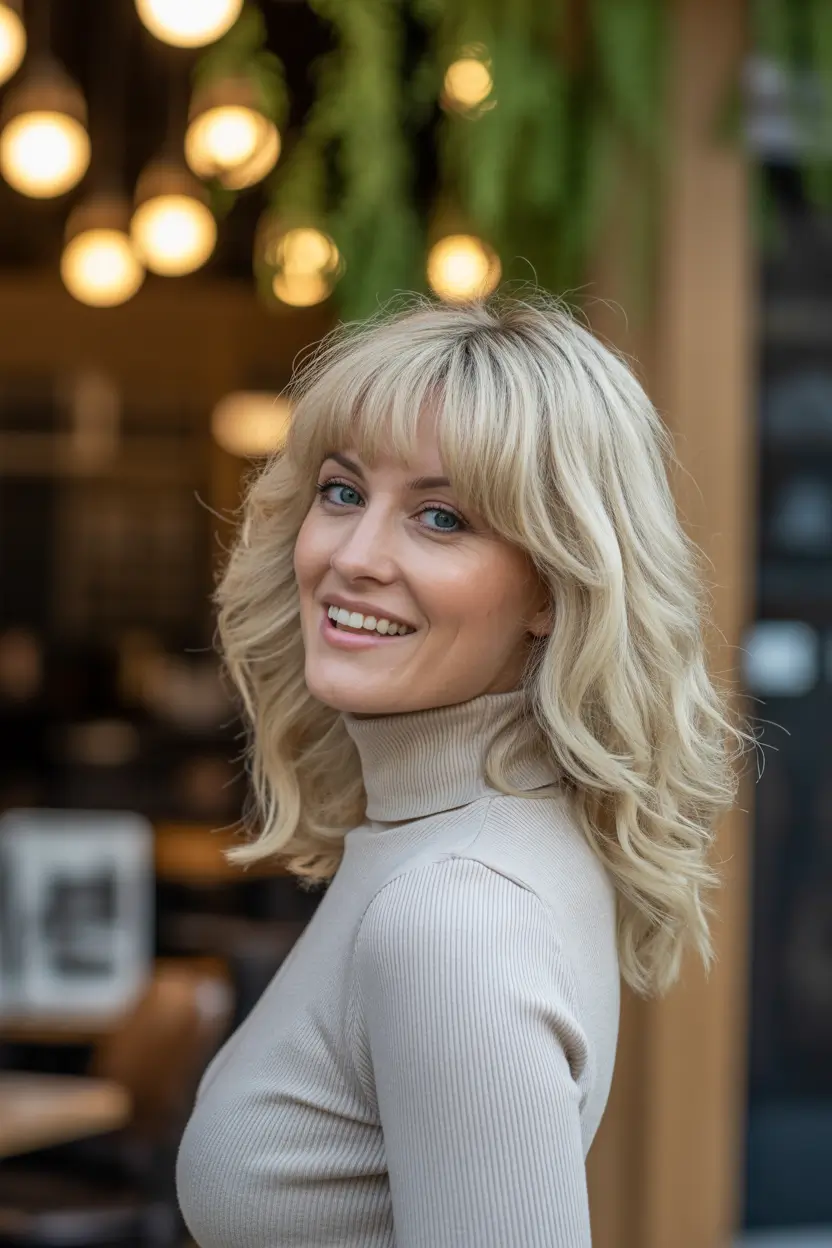 spring Haircuts for Women Over 40 2026 Soft Curly Lob with Feminine Bangs