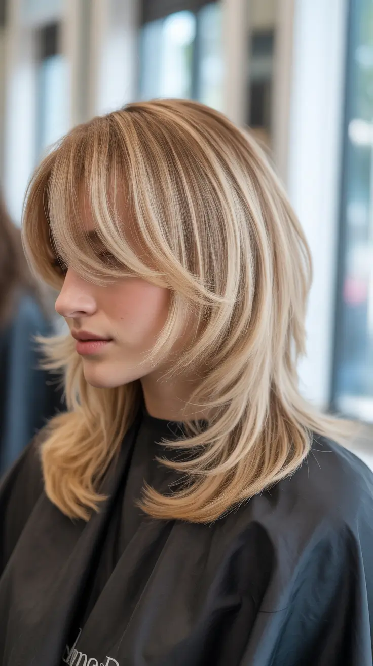 spring mid length haircut 2026 Layered Blonde With Soft Curtain Bangs