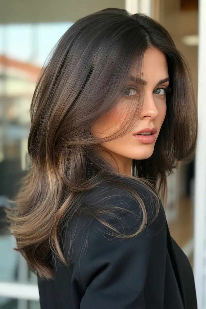 spring mid length haircut 2026 Sleek Brunette Layers With Side Part