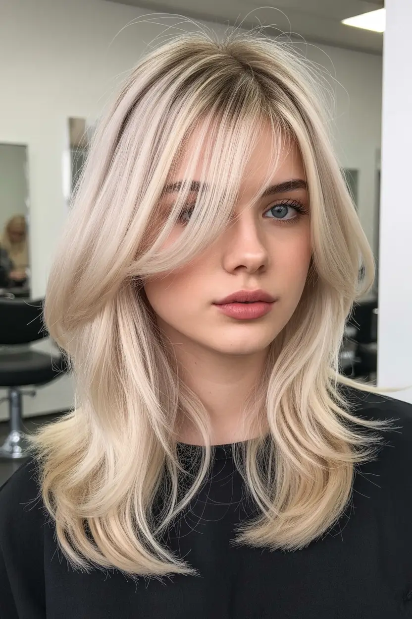 spring mid length haircut 2026 Feathered Blonde with Curtain Bangs and Volume