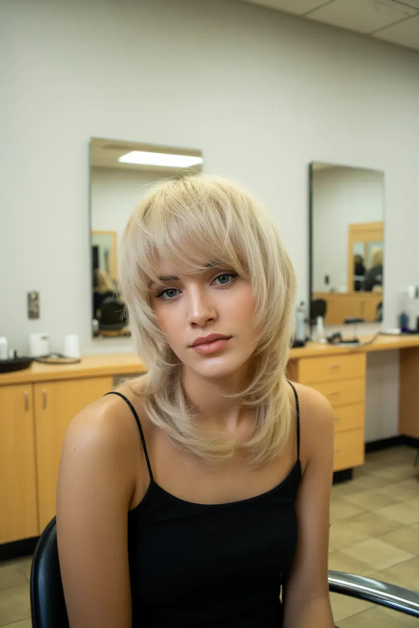 spring mid length haircut 2026 Feathered Blonde Shag with Soft Fringe