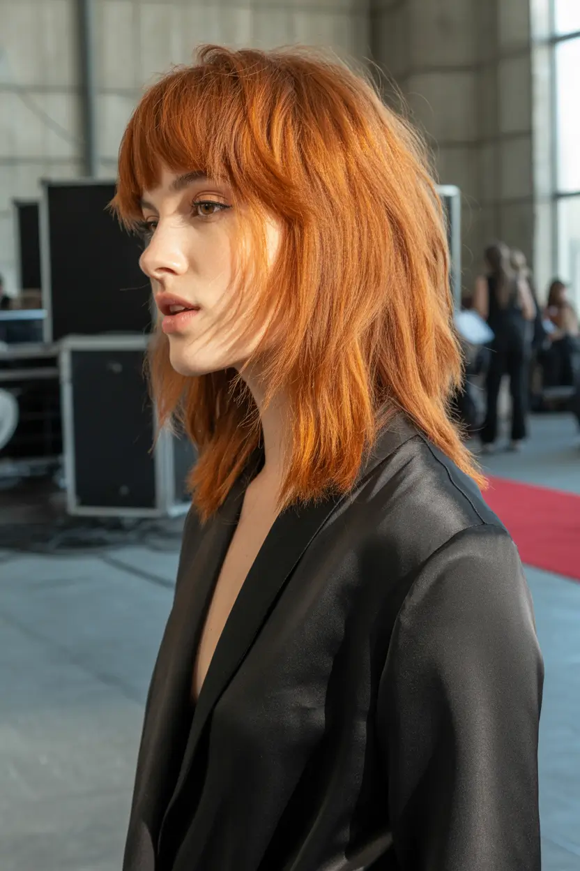 spring mid length haircut 2026 Copper Shag With Soft Bangs Energy
